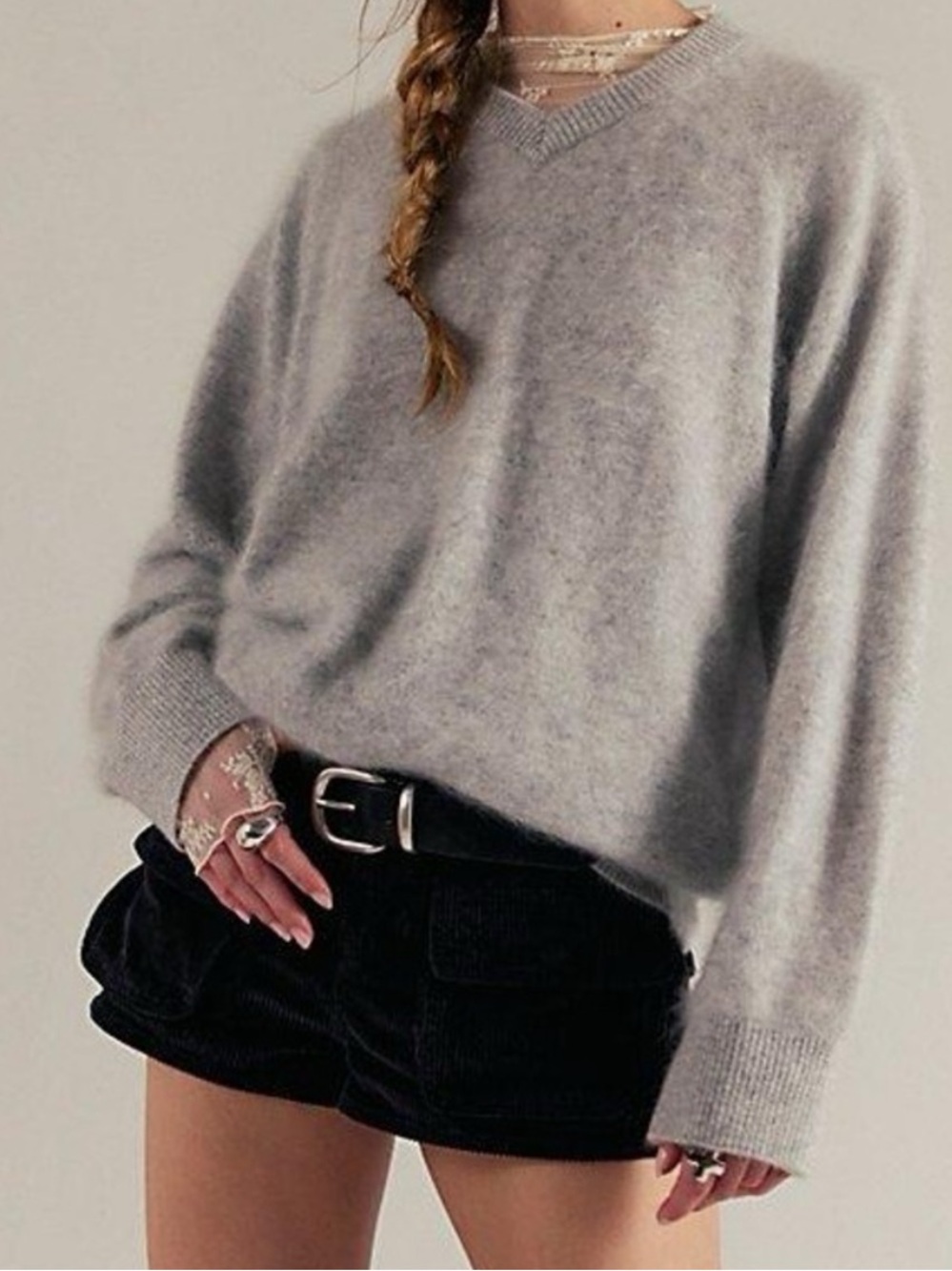 Free People Best V-Neck Brushed Cashmere Oversized Sweater Light Grey Size Small